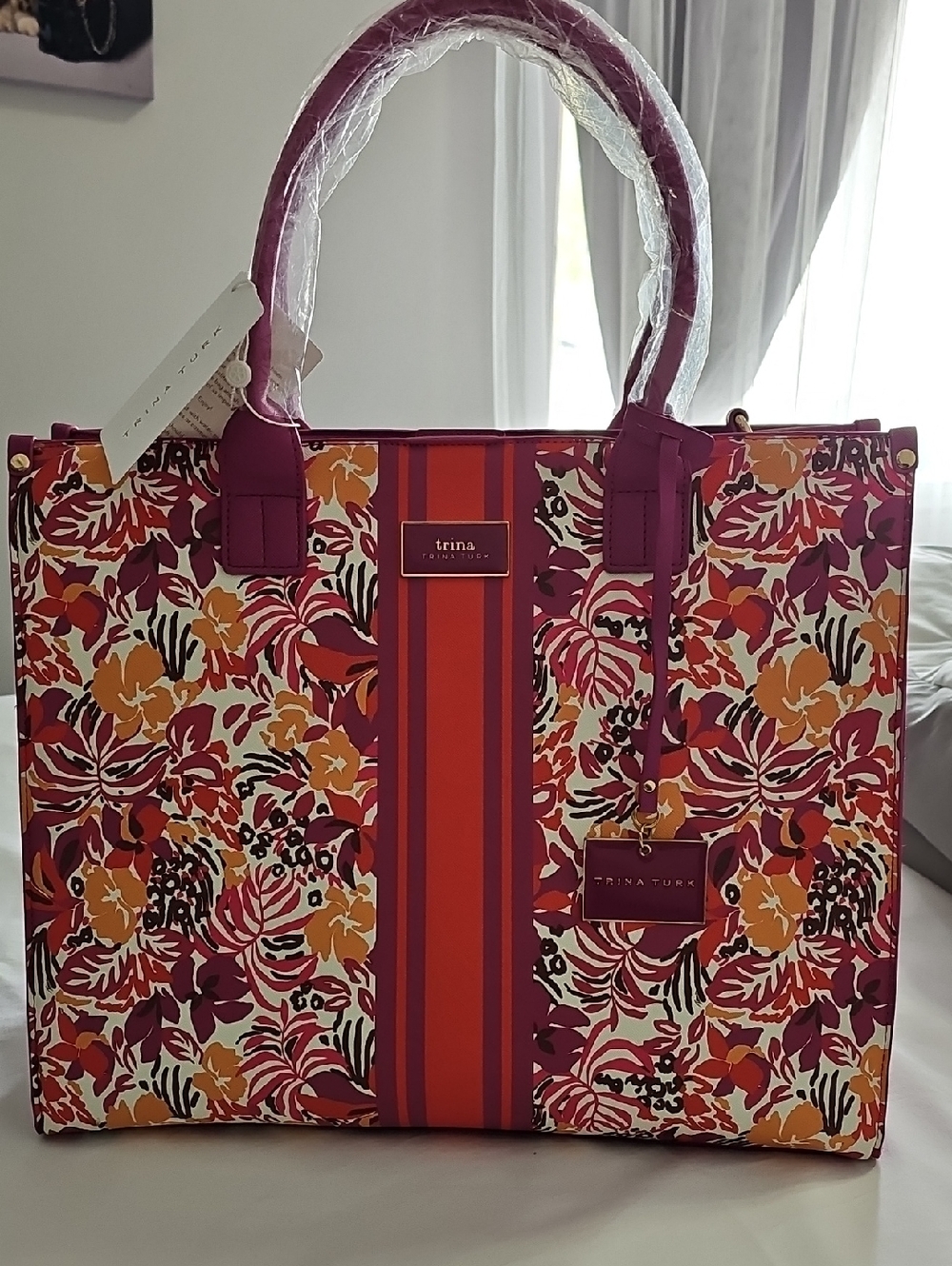 Trina Turk Floral Stripe Tote in Fuchsia, Orange and Red